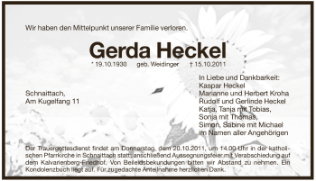 Traueranzeige von Gerda Heckel von Pegnitz-Zeitung